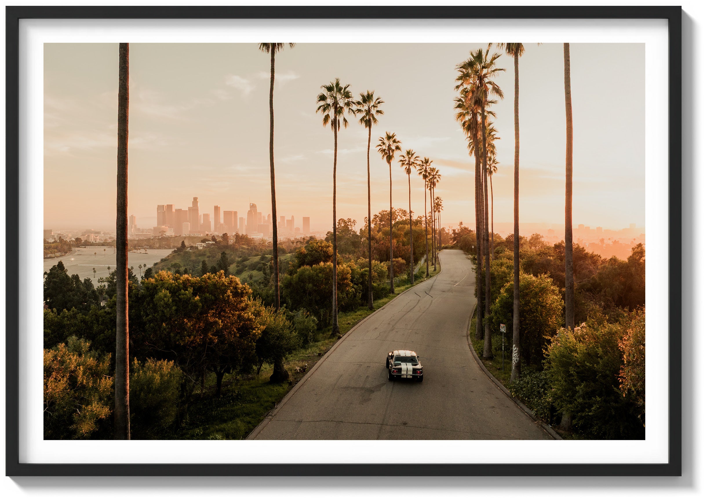 The tall palms rise in clean vertical lines, framing the road as it curves gently through dense, sunlit greenery. The artwork is rendered in color and displayed in a black wood frame.