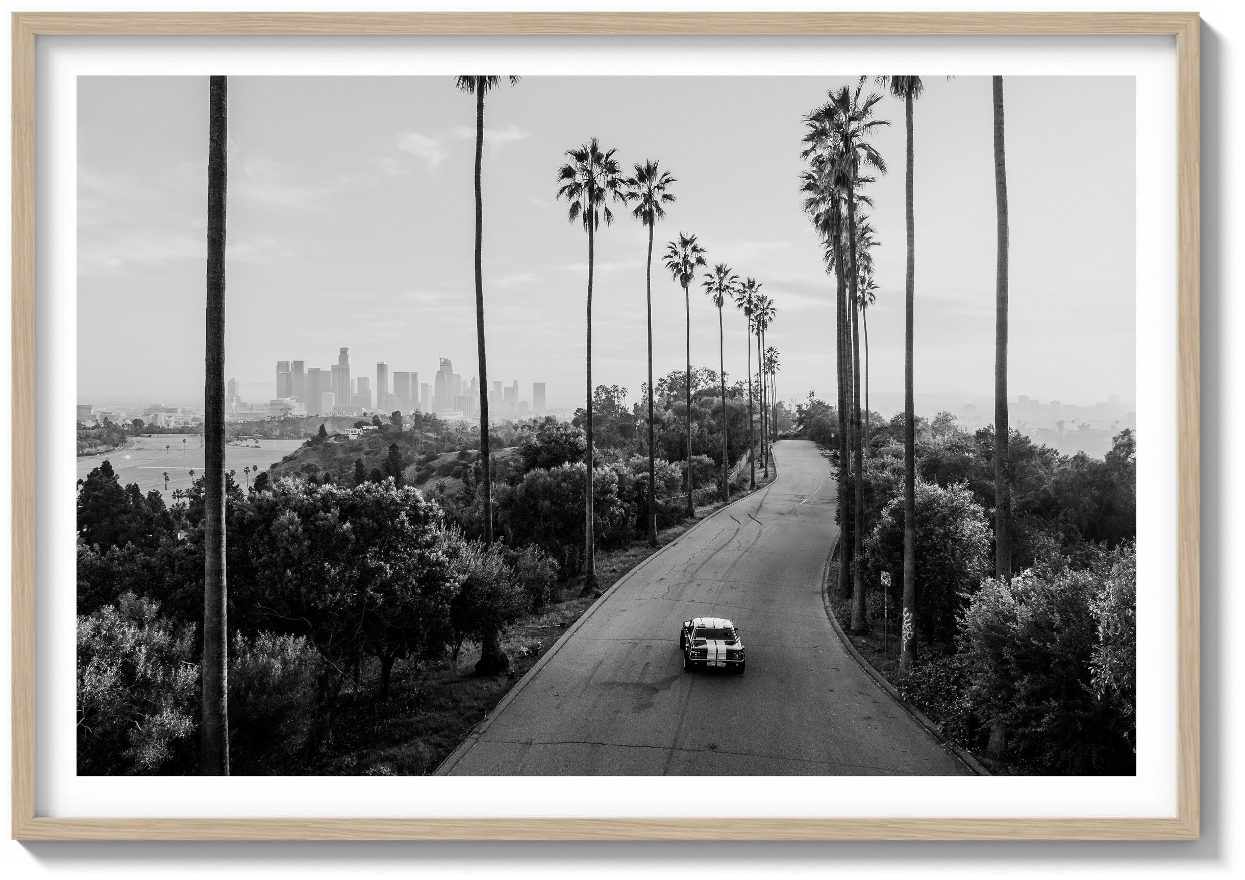 The tall palms rise in clean vertical lines, framing the road as it curves gently through dense, sunlit greenery. The artwork is rendered in black and white and displayed in a natural wood frame.